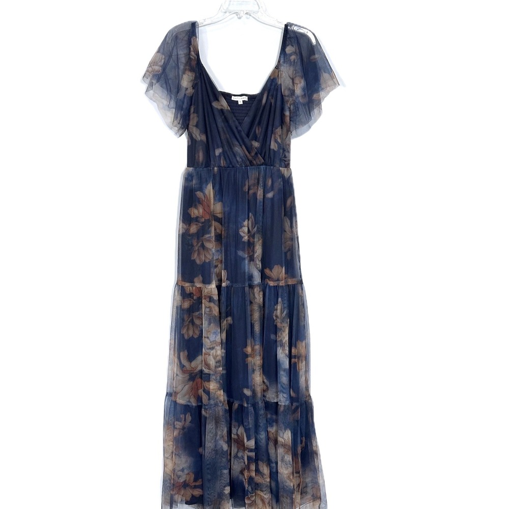 Baltic Born Tulle Maxi Dress Large Navy Floral Tiered V-Neck Wedding Guest